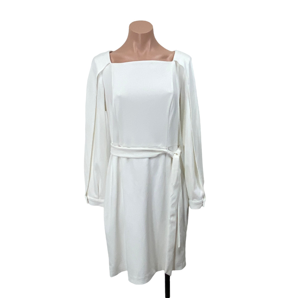 #1110 DKNY white split sleeve tie waist belted sheath cocktail dress  10 M